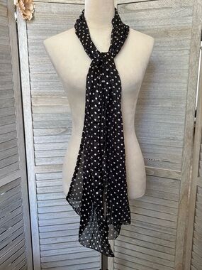 Cute Black & White Semi-Sheer Polka Dot Scarf, lightweight, flowy, 74” Long